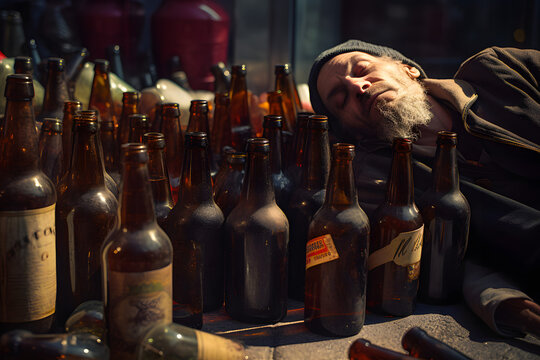 Homeless alcoholic sleeps outside in a city street next to a pile of beer bottles. Alcoholism concept, doomed life. Generative AI.