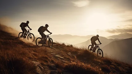 Gardinen Mountain cyclists on a cliff, Generative AI © tongpatong