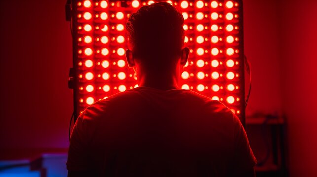 Back of unrecognizable man doing red light therapy with panel. Generative AI