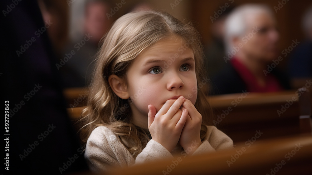 Poster A little girl is sitting in a church or court. AI generative image