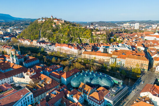 CIty of Graz in Austria on a sunny spring day with the landmark Schlo&szlig;berg