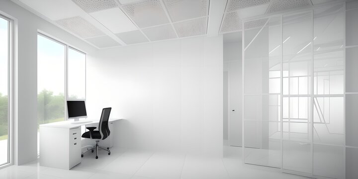 Modern empty office with blank white wall mockup, copy space, generative ai illustration