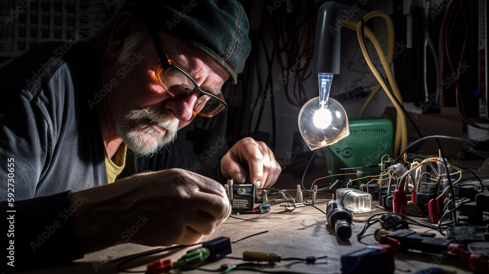 Poster a man working on a project in a dark room. ai generative image