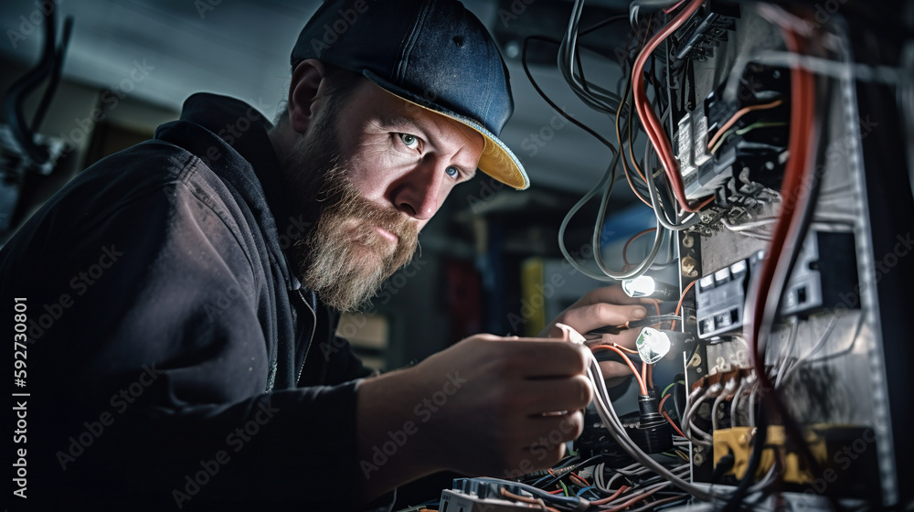 Sticker A man in a hat working on an electrical panel. AI generative image