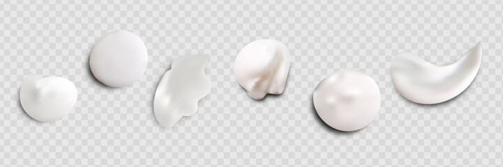 Realistic set of vector strokes of cosmetic cream. Smears of cosmetic white skin cream of various shapes and sizes, isolated on a transparent background.