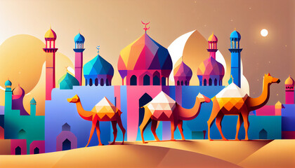 Ccolorful illustration of camels and mosque Ai generated image