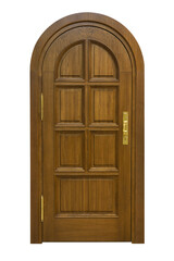 Closed wooden upper rounding door on a transparent background with metal hinges and metal door handle