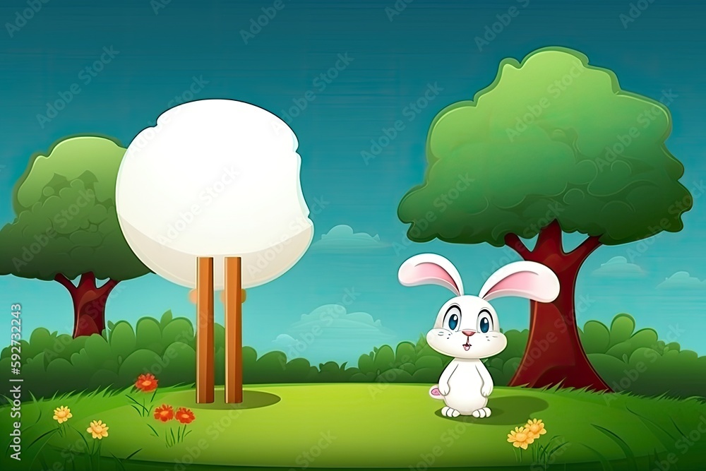 Wall mural cartoon rabbit with a blank sign at a park. generative ai