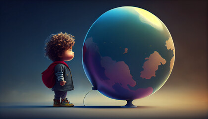 Cute kid with big earth planet balloon. Save the earth. Save environment. Save the baby. Ai generated image