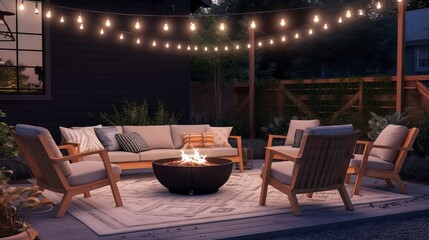 A cozy outdoor patio with string lights, a fire pit, and an assortment of comfortable seating options, perfect for evening gatherings. Generative ai.