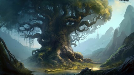 Fantasy concept digital art. A colossal tree inhabited by various mythical creatures. Generative ai.