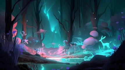 Fantasy concept digital art. A dreamlike, pastel - colored forest with bioluminescent plants and animals. Generative ai.