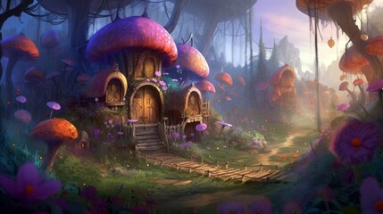 Fantasy concept digital art. A fairy village nestled within a garden of giant, vibrant flowers, with tiny, enchanting dwellings. Generative ai.