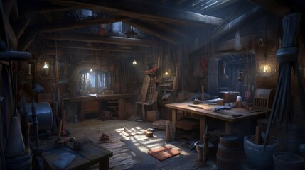 Fantasy concept digital art. A magical blacksmith's workshop with enchanted weapons and armor. Generative ai.