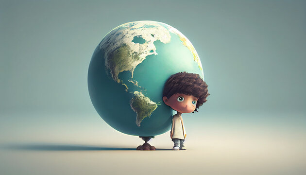 Cute kid with big earth planet balloon. Save the earth. Save environment. Save the baby. Ai generated image