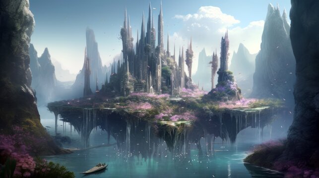 Fantasy concept digital art. A floating island city with crystal towers and lush gardens. Generative ai.
