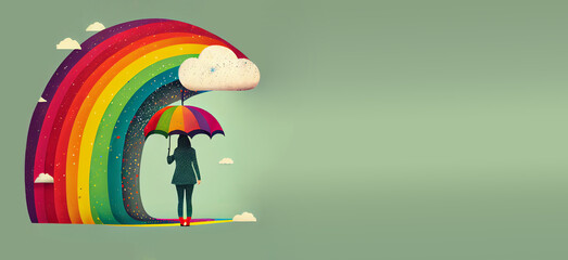 Woman with an umbrella in front of a rainbow, positive optimistic attitude, hope and emotion concept, generative AI
