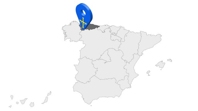 Location Asturias on map Spain. 3d Asturias flag map marker location pin. Map of Spain showing different parts. Animated map Autonomous communities of Spain. 4K.  Video