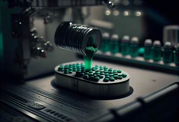 Fototapeta na wymiar Green capsule medicine pill production line, Industrial pharmaceutical concept. Generative AI