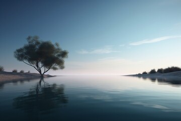 Fototapeta na wymiar A minimalist landscape with a calm, reflective body of water, Generative AI