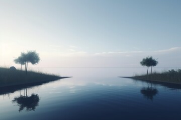 Obraz na płótnie Canvas A minimalist landscape with a calm, reflective body of water, Generative AI