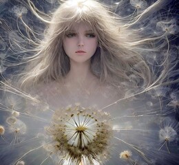Beautiful little girl with dandelions. Flying dandelions intertwine in loose hair. Fairytale girl in a delicate white dress. Generative, AI, Generative AI