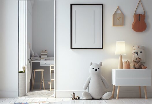 Empty vertical picture frame on white wall in modern child room. Mock up interior in scandinavian style. Free, copy space for your picture. Close up view. Cozy room for kids. 3D. Generative AI