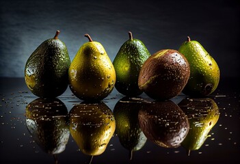 Fototapeta na wymiar a group of avocados sitting next to each other on top of a reflective surface with water droplets on the floor and one half of the avocadow. generative ai
