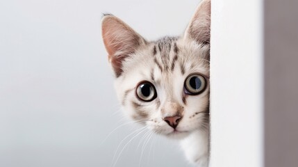 Cute kitten peeking out from behind the wall, on a white background. Generative AI.