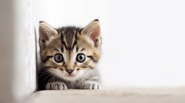 Cute kitten peeking out from behind the wall, on a white background. Generative AI.
