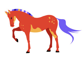 Vector illustration of a standing horse on a white background. Full length color flat illustration of a horse.