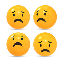 3D rendered sad unhappy emoji reaction icon with different view