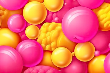 Fototapeta na wymiar Pink balloons in a square frame against a wall of vivid yellow. jolly color scheme. Generative AI