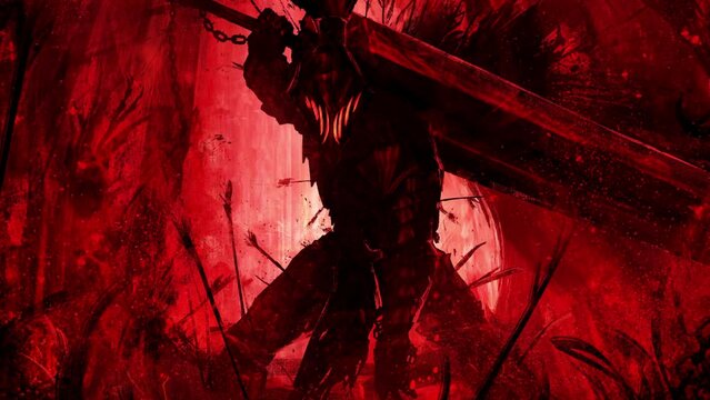 A sinister black silhouette of a creepy wounded knight with inhumanly giant sword on his shoulder, he barely stand on his feet in the middle of a mountain of corpses, approaching 2d animated art