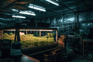 Naklejka premium Powering massive LED arrays that illuminate the interior of a greenhouse at night. Crop technicians in hazmat suits tend to the plants under the bright lights, as if growing diamonds. Generative AI