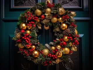 A Christmas door wreath decoration with gold and red bows and ribbons. Generative AI