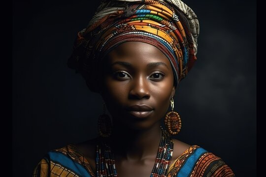 A portrait of African woman in traditional headdress. Generative AI