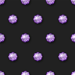 Vector Seamless Pattern with Purple 3d Realistic Transparent Round Glowing Gemstones, Diamonds, Crystals, Rhinestones Closeup. Jewerly Concept. Design Template