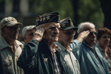 Group of veterans of different generations gathered around a flagpole, saluting the flag. Memorial day Generative AI - obrazy, fototapety, plakaty