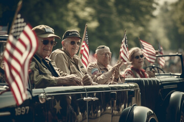 Memorial Day parade with veterans, military vehicles, and community members waving flags and cheering. Memorial day Generative AI - obrazy, fototapety, plakaty