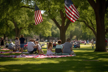 Families enjoying a Memorial Day picnic in a park, with flags flying in the background. Memorial day Generative AI - obrazy, fototapety, plakaty