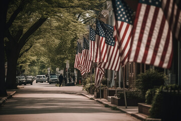 American flags lining the streets of a small town in preparation for Memorial Day. Memorial day Generative AI - obrazy, fototapety, plakaty