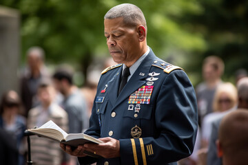 A military chaplain leading a Memorial Day prayer service. Memorial day Generative AI