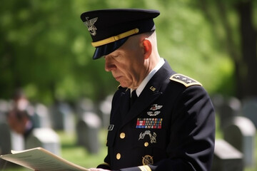 A military chaplain leading a Memorial Day prayer service. Memorial day Generative AI - obrazy, fototapety, plakaty