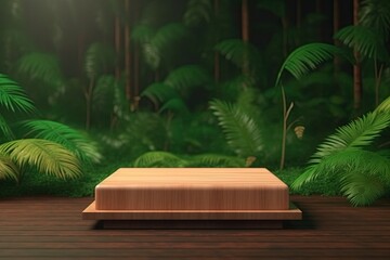 With a wooden pedestal displaying a product against a green background, a tropical woods setting. Generative AI