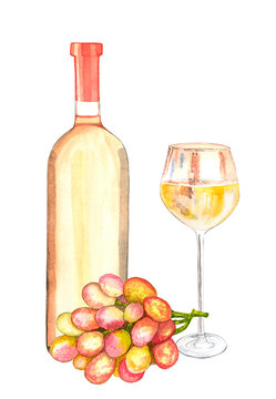 Glass and bottle filled with white wine and branch of pink grapes