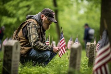 A volunteer placing flags on the graves of fallen soldiers in a military cemetery. Memorial day Generative AI