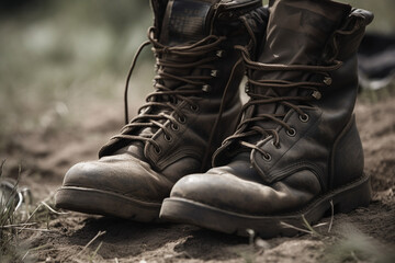 A close-up of a soldier's boots standing at attention, with a fallen comrade's boots and rifle in the background. Memorial day Generative AI
