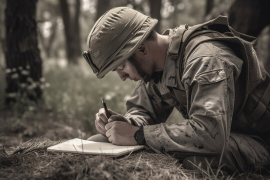 A military service member writing a letter to a fallen comrade, expressing their gratitude and respect. Memorial day Generative AI