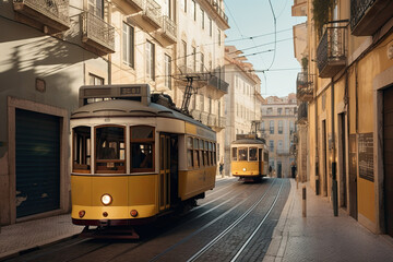 Se cathedral church with yellow tram at sunny day, Lisbon, Portugal